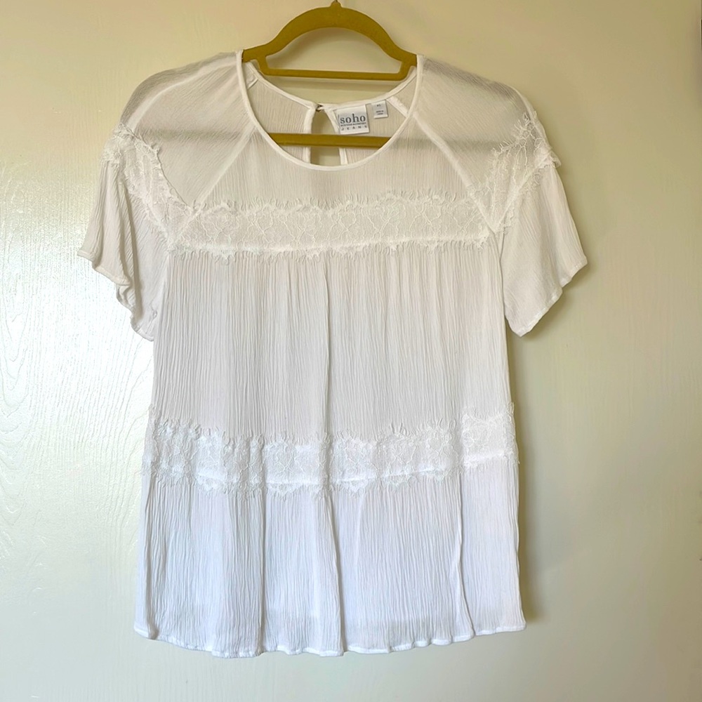 White Crinkle Lace Detail Short-sleeve Blouse (NY&Co)